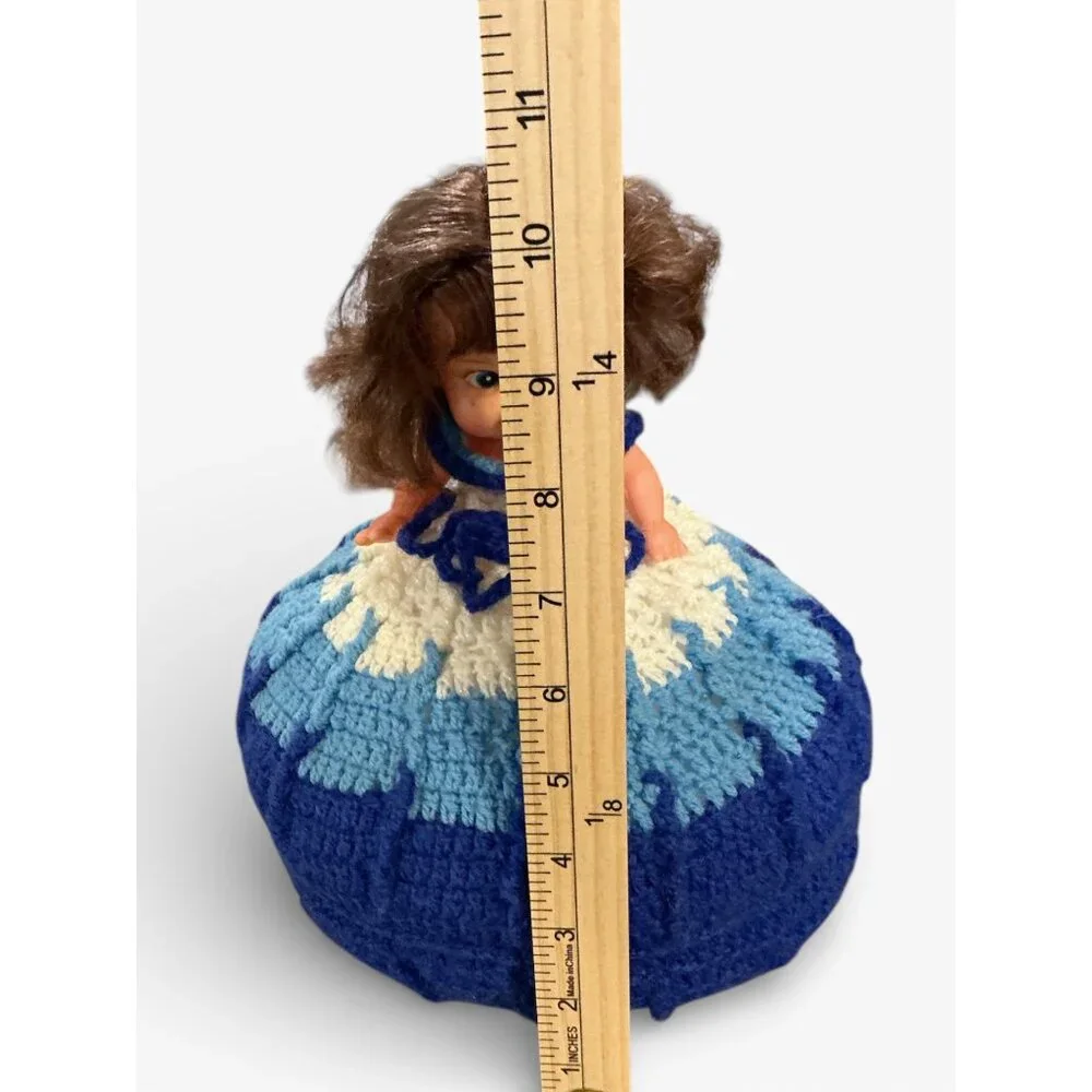 Vintage‎ Crochet Skirt Doll Blue & White Handmade 10